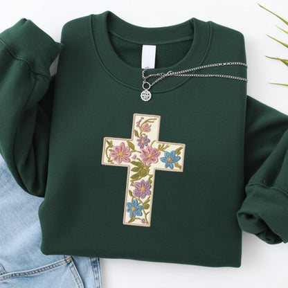 Embroidered Floral Cross Sweatshirt: Christian Faith Crewneck