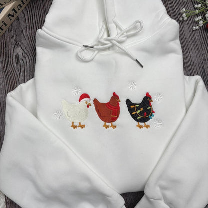 Cute Christmas Chickens Embroidered Sweatshirt, Farm Animal Holiday Crewneck, Funny Chicken Xmas Sweater, Cozy Winter Gift for Her