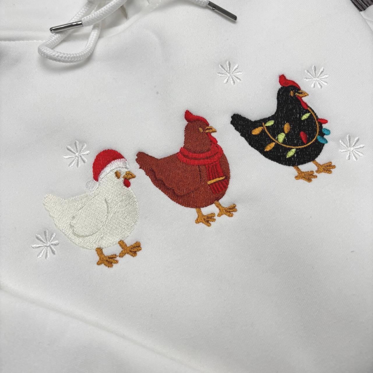 Cute Christmas Chickens Embroidered Sweatshirt, Farm Animal Holiday Crewneck, Funny Chicken Xmas Sweater, Cozy Winter Gift for Her