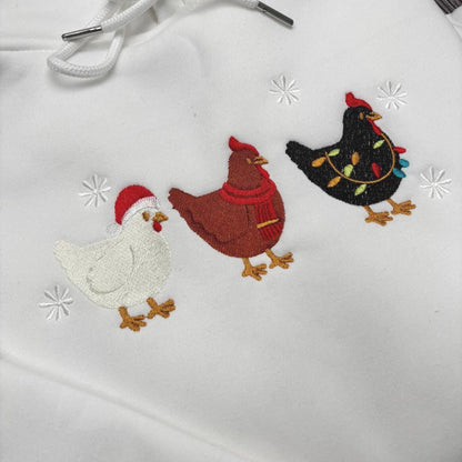 Cute Christmas Chickens Embroidered Sweatshirt, Farm Animal Holiday Crewneck, Funny Chicken Xmas Sweater, Cozy Winter Gift for Her