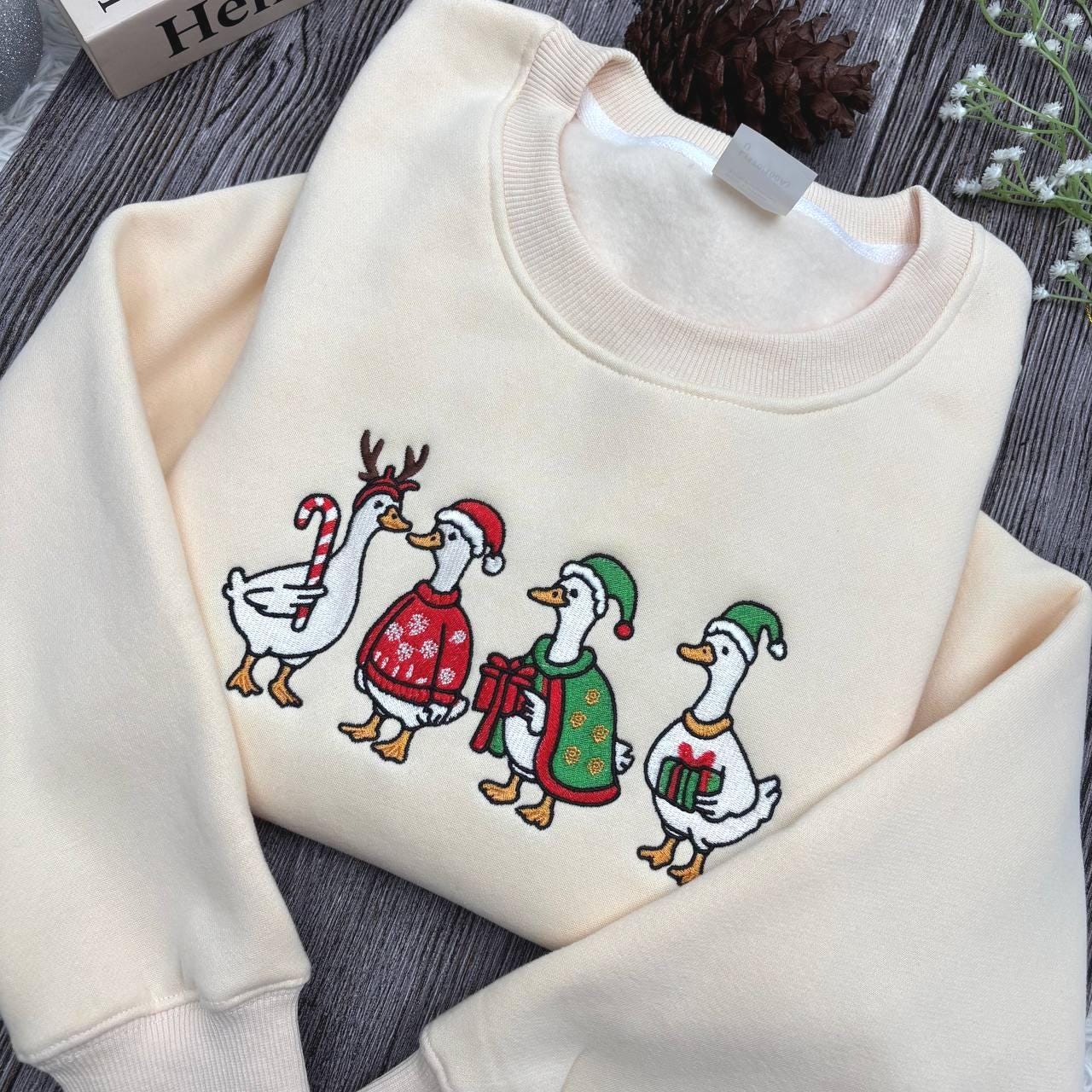 Embroidered Silly Goose Christmas Sweatshirt, Funny Jolly Goose Holiday Crewneck, Santa Goose Lights Sweater, Cute Xmas Gift for Her