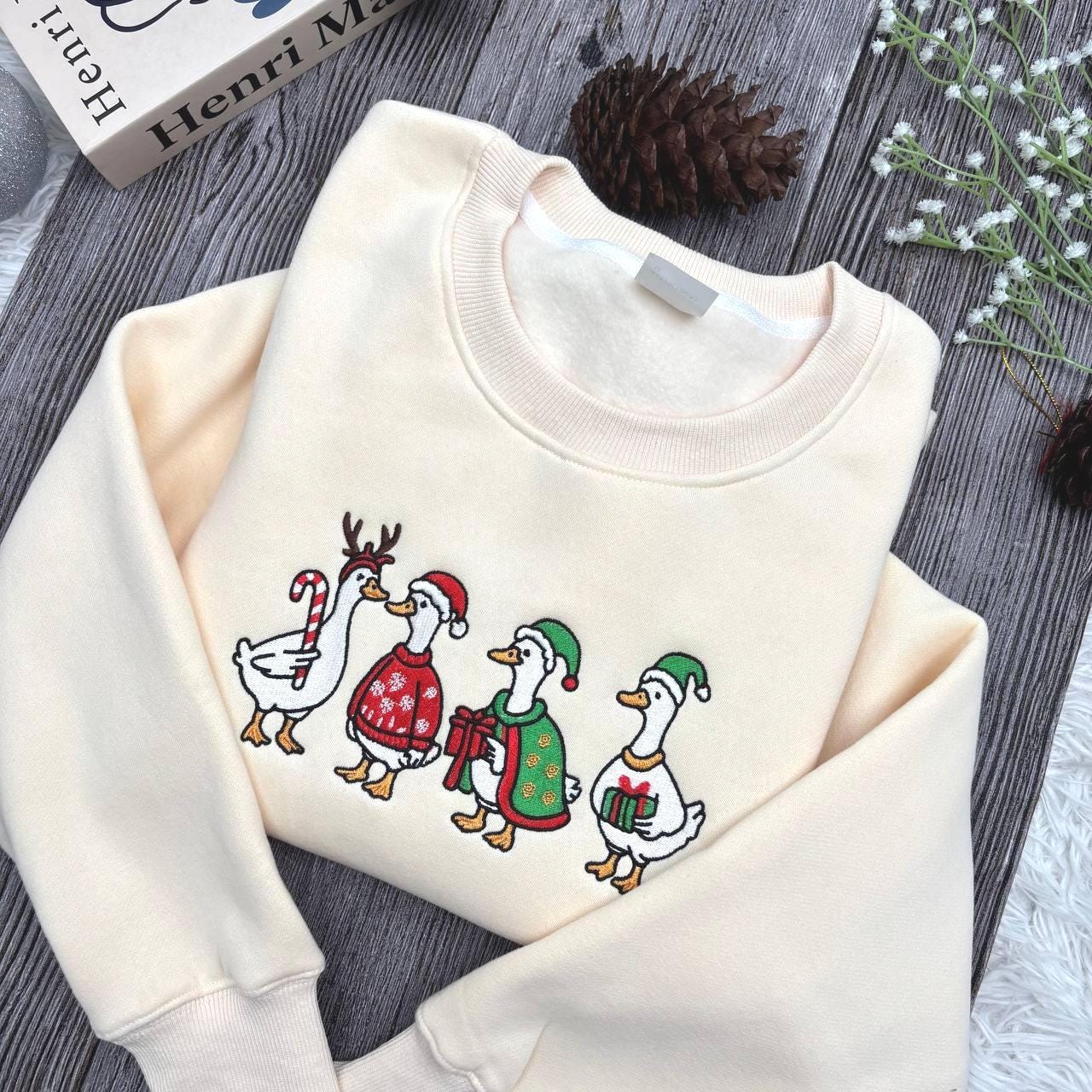 Embroidered Silly Goose Christmas Sweatshirt, Funny Jolly Goose Holiday Crewneck, Santa Goose Lights Sweater, Cute Xmas Gift for Her