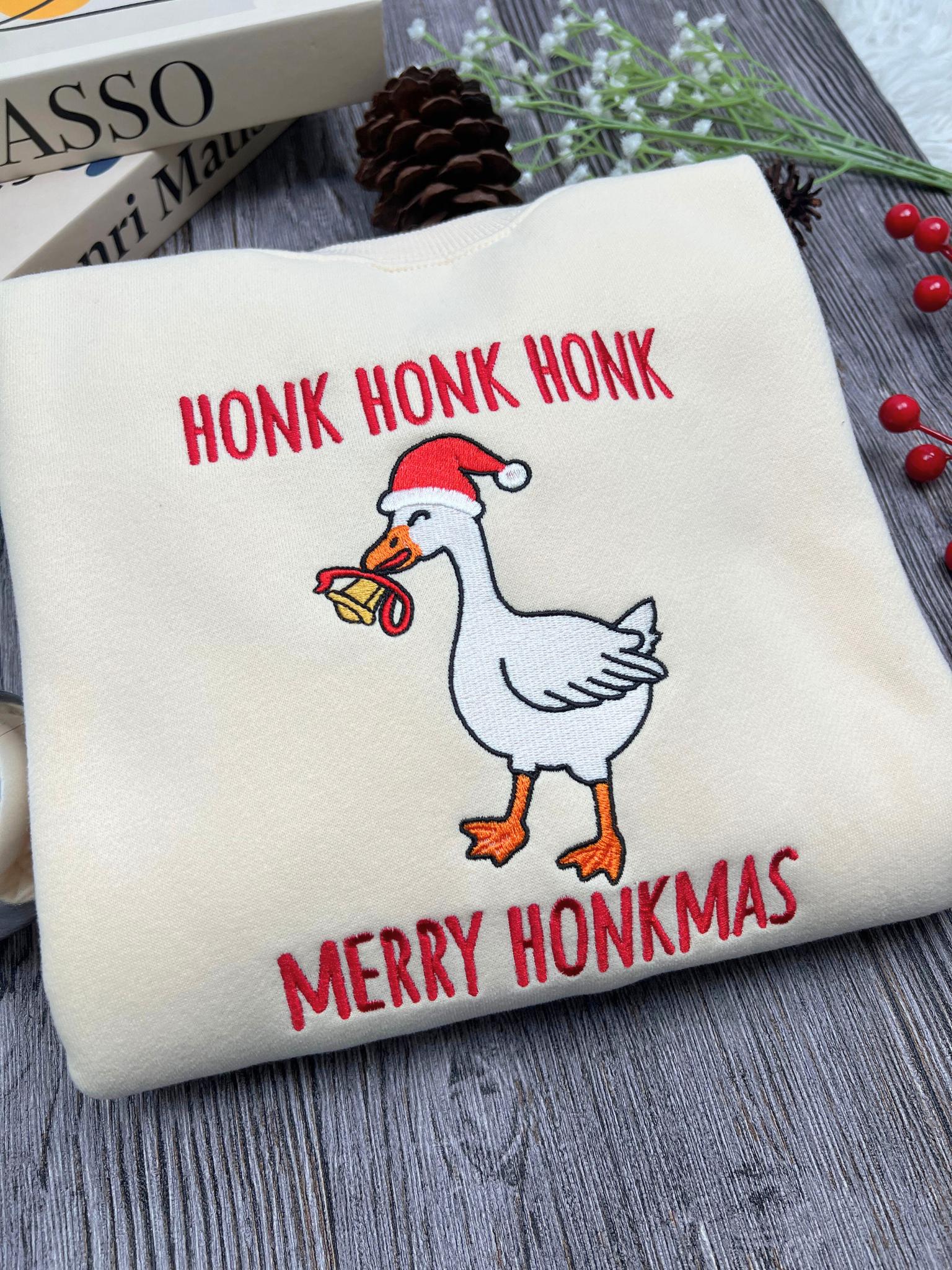 Honk Honk Honk Merry Honkmas Embroidered Sweatshirt, Funny Christmas Goose Sweatshirt, Silly Goose Xmas Crewneck, Holiday Humor Gift