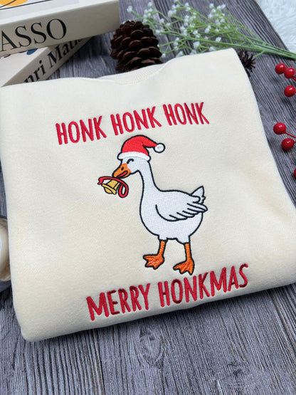 Honk Honk Honk Merry Honkmas Embroidered Sweatshirt, Funny Christmas Goose Sweatshirt, Silly Goose Xmas Crewneck, Holiday Humor Gift