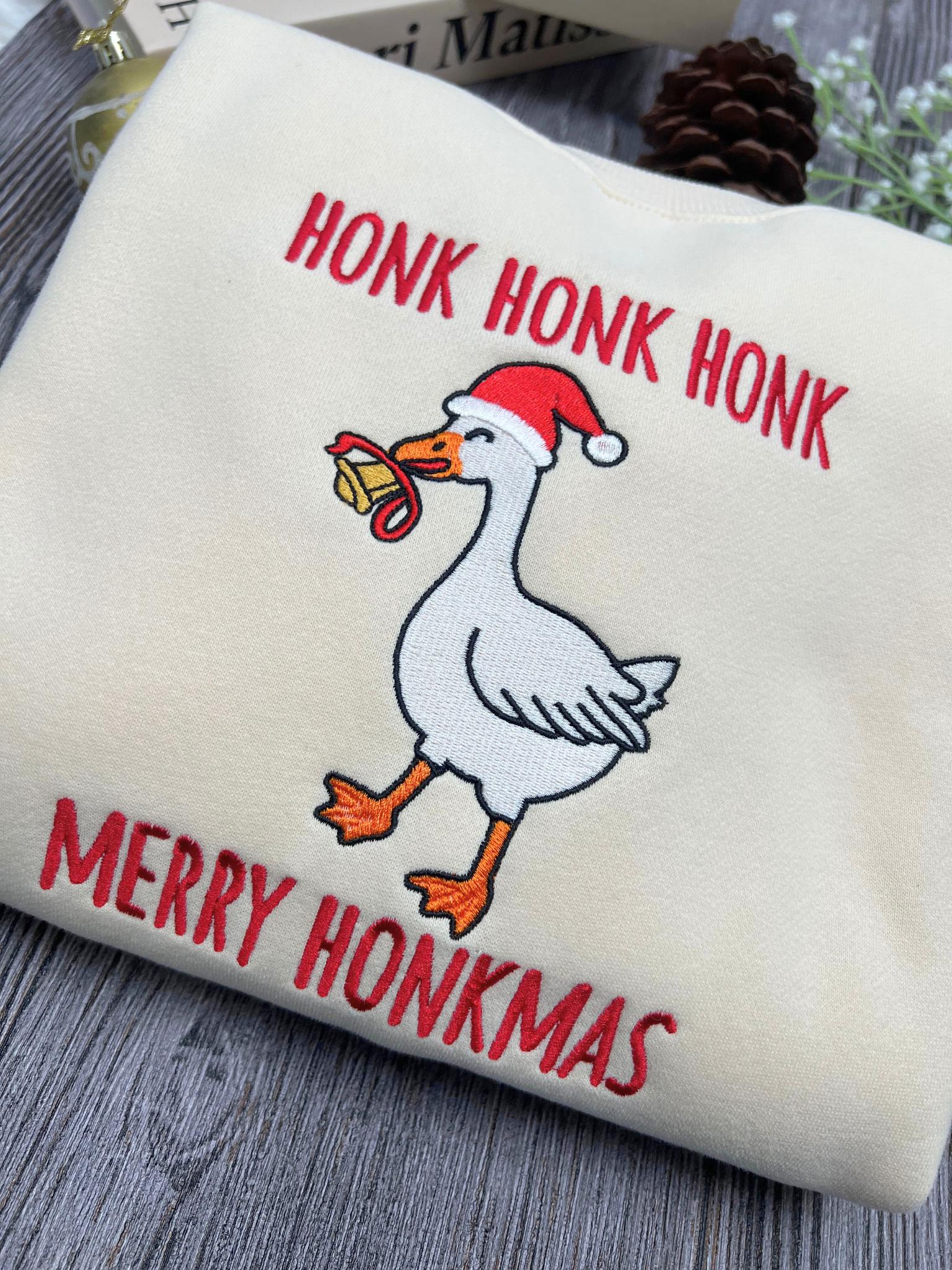 Honk Honk Honk Merry Honkmas Embroidered Sweatshirt, Funny Christmas Goose Sweatshirt, Silly Goose Xmas Crewneck, Holiday Humor Gift
