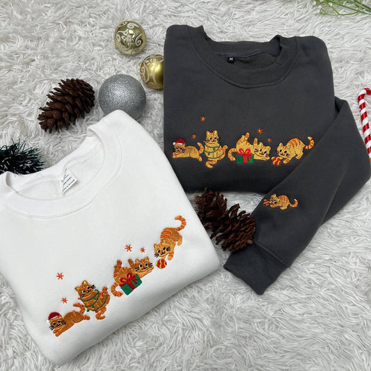 Orange Cat Embroidered Christmas Sweatshirt | Funny Holiday Crewneck | Cute Cozy Cat Lover Sweater | Embroidered Xmas Gift
