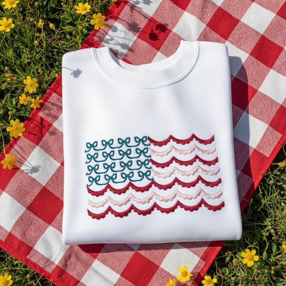American Flag Embroidered T-Shirt | Coquette 4th of July Top | Patriotic Summer Gift