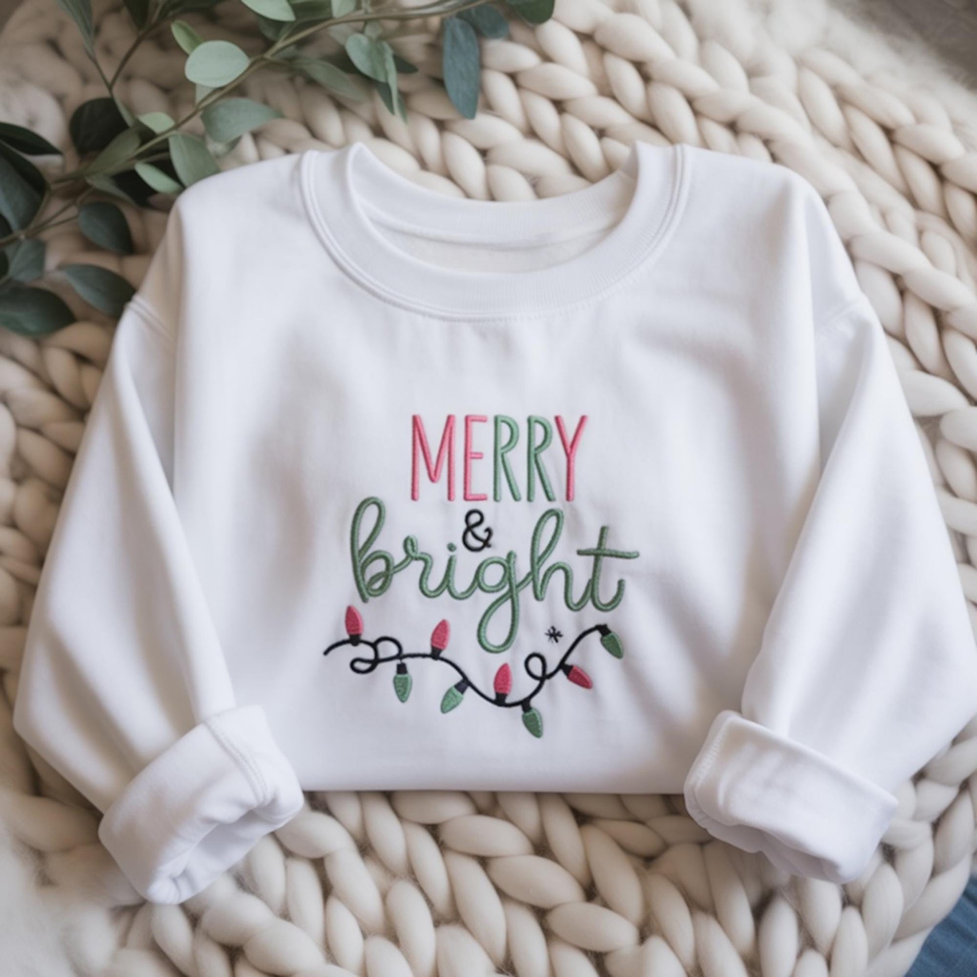 Embroidered Merry & Bright Christmas Lights Sweatshirt, Cute Holiday Crewneck, Cozy Festive Hoodie, Winter Aesthetic Xmas Gift for Her