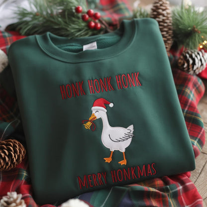 Honk Honk Honk Merry Honkmas Embroidered Sweatshirt, Funny Christmas Goose Sweatshirt, Silly Goose Xmas Crewneck, Holiday Humor Gift