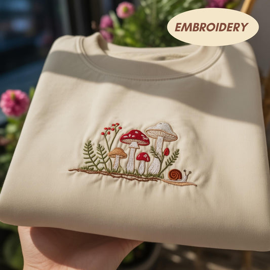 Mushroom Embroidered Sweatshirt, Forest Snail Crewneck, Cottagecore Aesthetic Shirt, Vintage Fungi Sweater, Nature Lover Gift