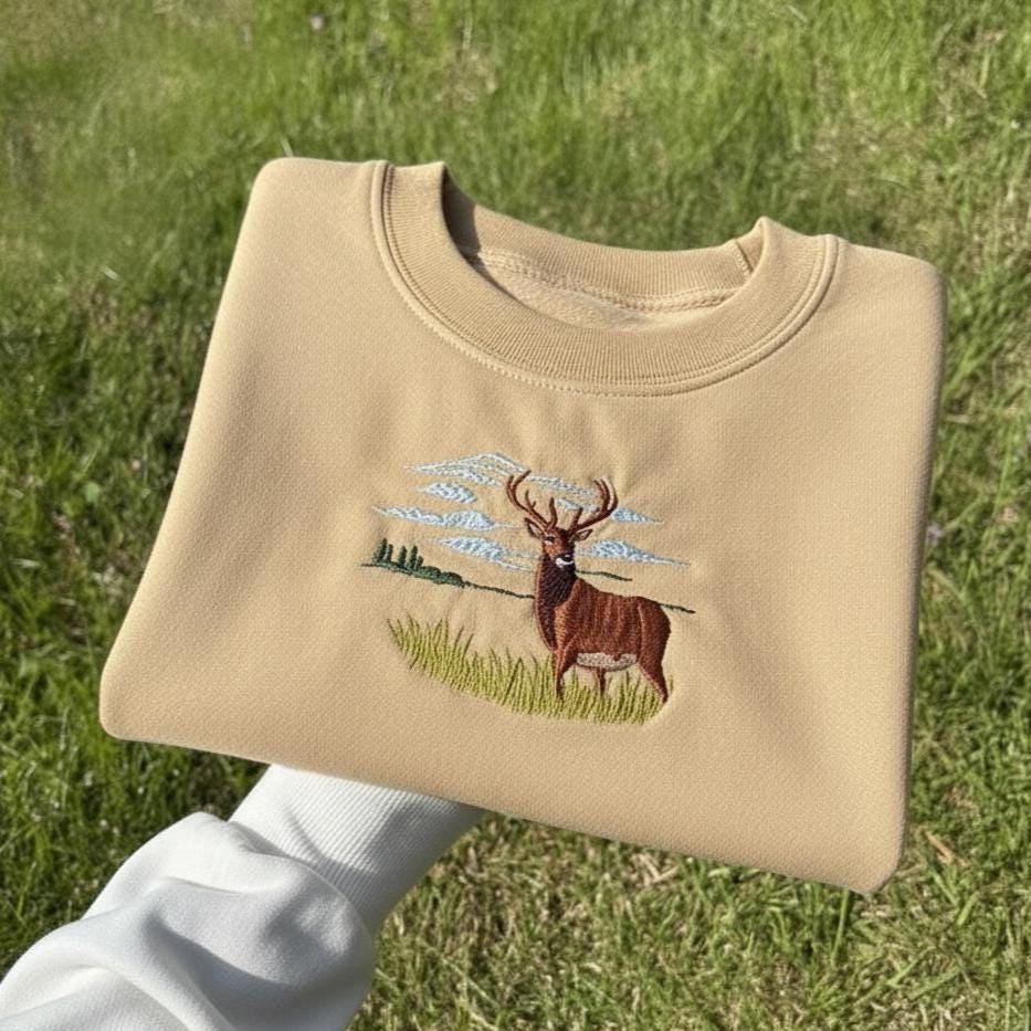 Forest Buck and Jumping Bass Embroidered Sweatshirt | Deer & Fish Wildlife Crewneck | Vintage Outdoorsman Sweater