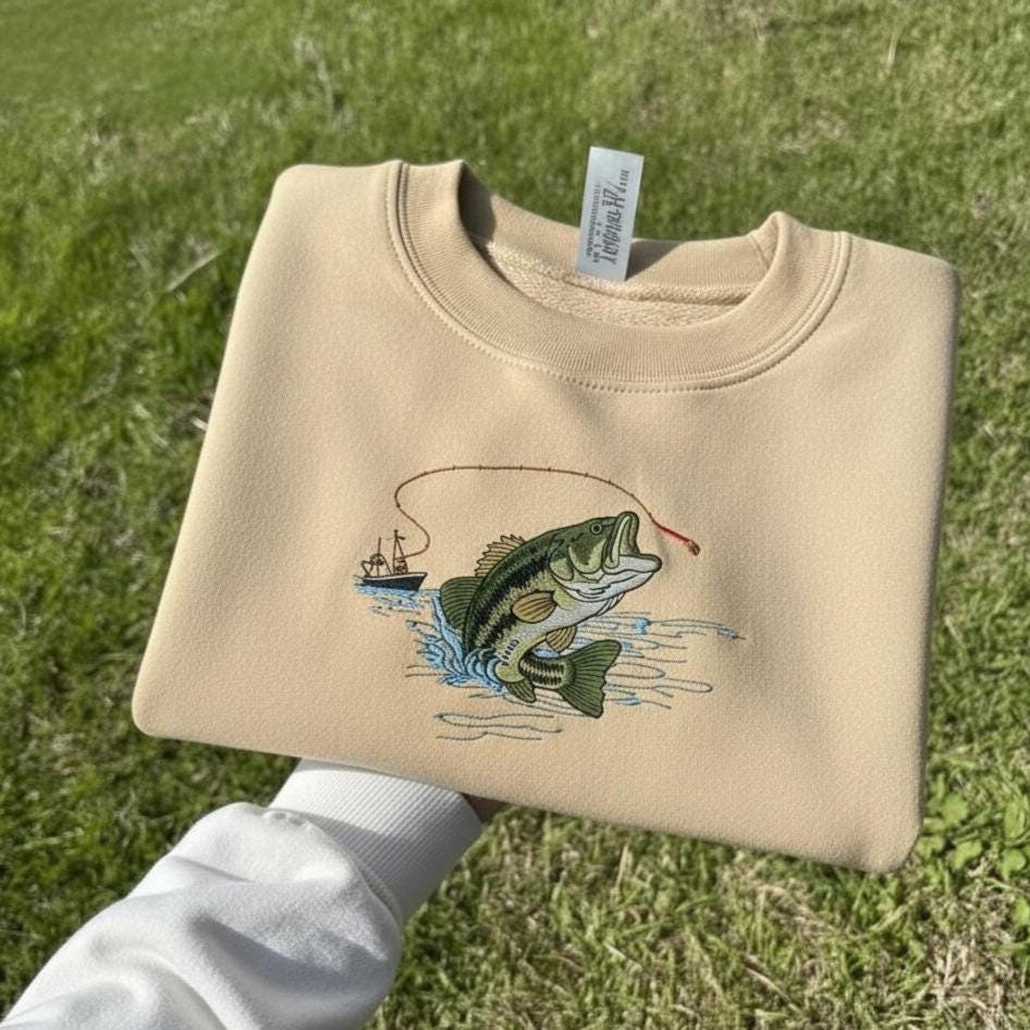 Jumping Bass Embroidered Sweatshirt | Fishing Crewneck with Rod & Boat | Vintage Angler Outdoorsman Sweater
