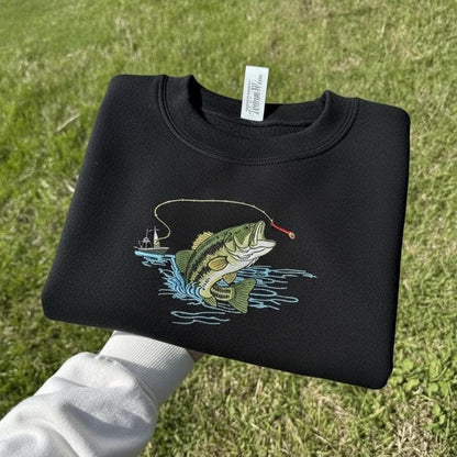 Jumping Bass Embroidered Sweatshirt | Fishing Crewneck with Rod & Boat | Vintage Angler Outdoorsman Sweater