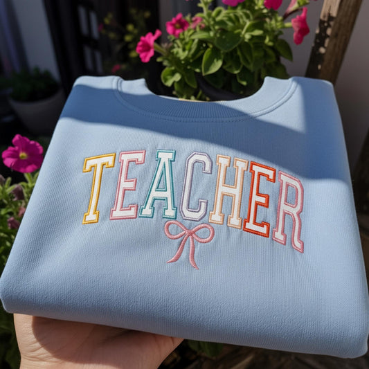 Embroidered Coquette Teacher Sweatshirt, Teacher Embroidered Sweatshirt, Student Teacher Sweatshirt, Customized Embroidered Sweatshirt