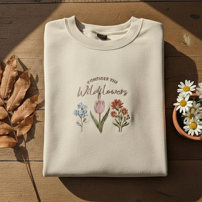 Consider the Wildflowers Embroidered Christian Sweatshirt, Jesus Crewneck Sweater, Floral Faith Pullover, Flower Lover Gift