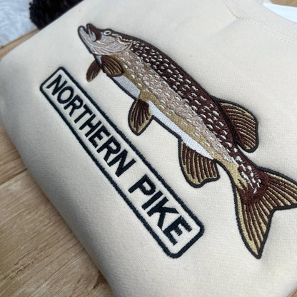 Northern Pike Embroidered Sweatshirt, Fishing Crewneck, Lake Fish Embroidery Gift for Fishermen