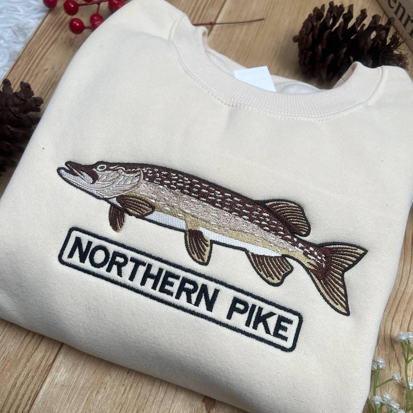 Northern Pike Fishing Embroidered Sweatshirt | Lake Fish Crewneck | Fisherman Outdoor Gift