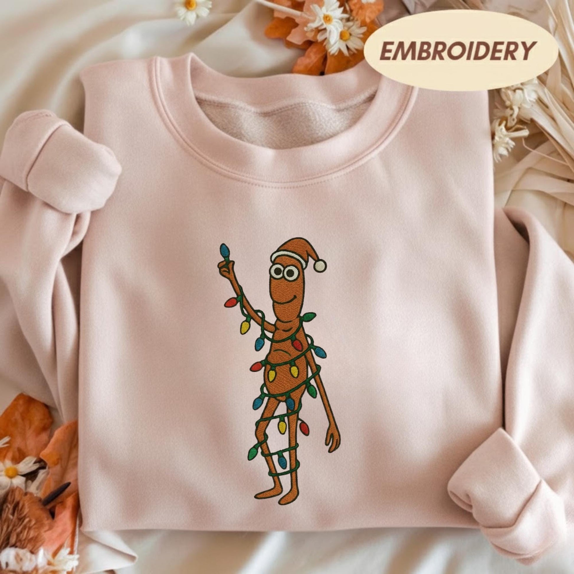 Marcus The Worm Embroidered Sweatshirt, Funny Christmas Lights Shirt, Weirdcore Holiday Gift, Santa Worm Green Crewneck, Marcus The Worm