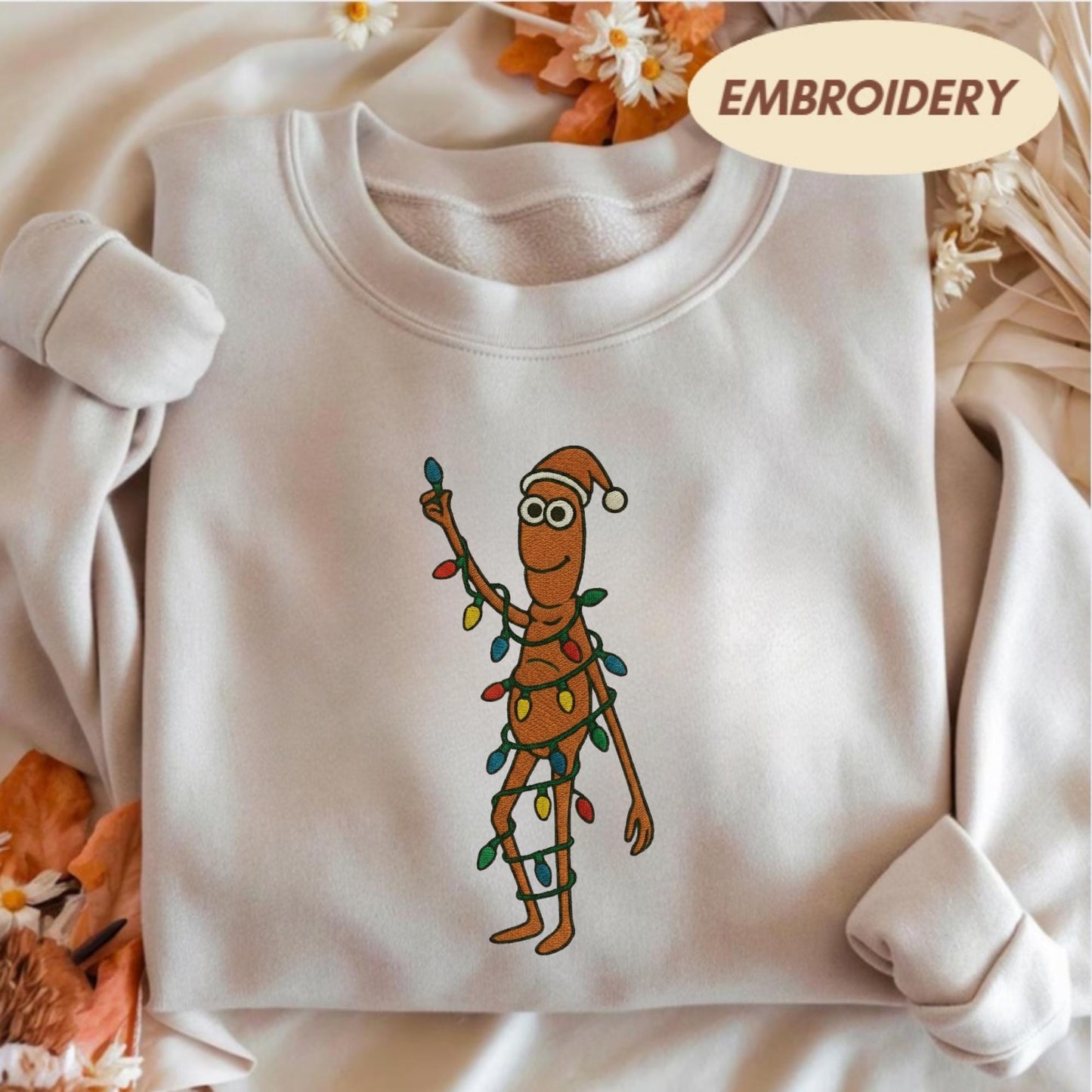 Marcus The Worm Embroidered Sweatshirt, Funny Christmas Lights Shirt, Weirdcore Holiday Gift, Santa Worm Green Crewneck, Marcus The Worm