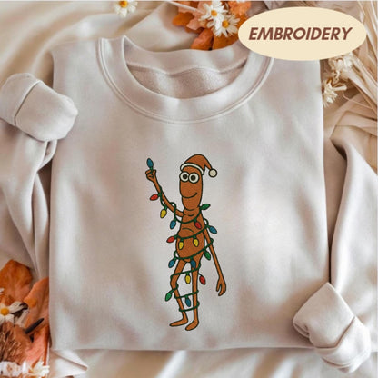 Marcus The Worm Embroidered Sweatshirt, Funny Christmas Lights Shirt, Weirdcore Holiday Gift, Santa Worm Green Crewneck, Marcus The Worm