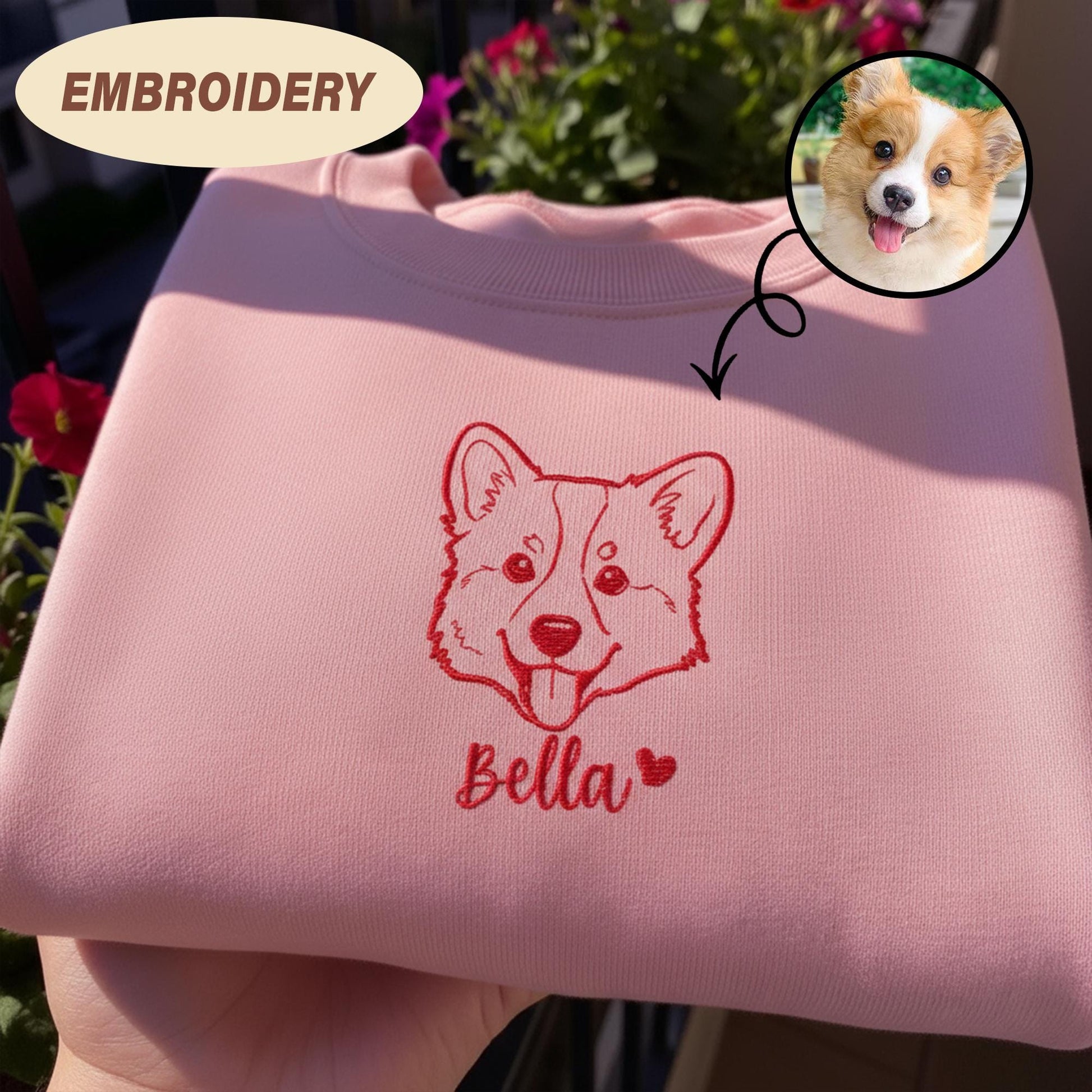 Custom Dog Portrait Embroidered Sweatshirt, Personalized Dog Sweatshirt with Name, Pet Lover Gift, Custom Pet Memorial Embroidery