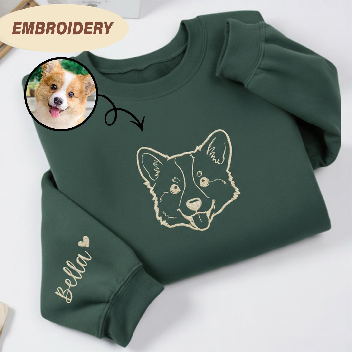 Custom Dog Portrait Embroidered Sweatshirt, Personalized Dog Sweatshirt with Name, Pet Lover Gift, Custom Pet Memorial Embroidery