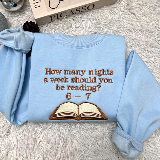 Embroidered Bookworm Sweatshirt – "How Many Nights?" Design