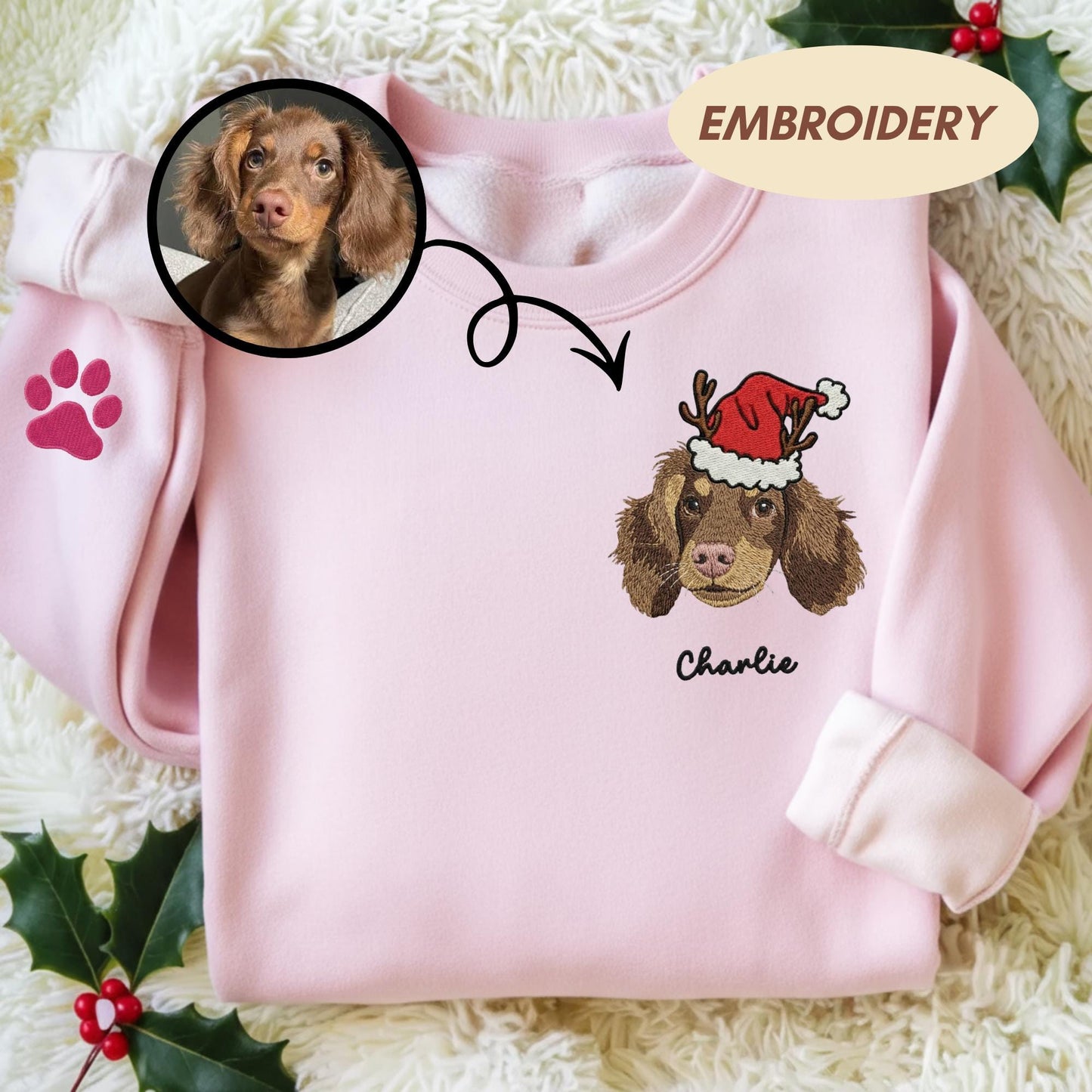 Custom Pet Portrait Embroidered Christmas Sweatshirt, Personalized Dog Cat Holiday Sweater, Custom Embroidery Gift for Pet Lovers