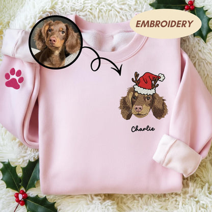 Custom Pet Portrait Embroidered Christmas Sweatshirt, Personalized Dog Cat Holiday Sweater, Custom Embroidery Gift for Pet Lovers