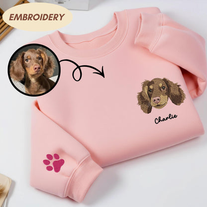 Custom Pet Portrait Sweatshirt, Embroidered Dog Face From Photo, Varsity Crewneck, Personalized Cat Mom Gift, Pet Memorial Shirt