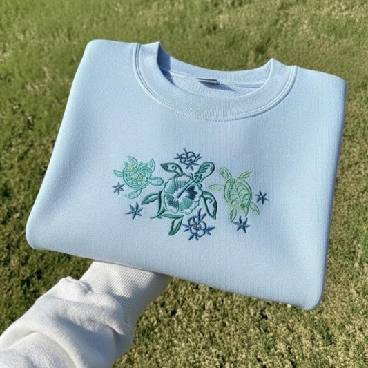 Tropical Turtles Embroidered Sweatshirt Sea Turtle Crewneck Beach Lover Coastal Gift
