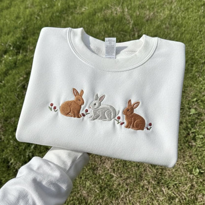 Embroidered Bunnies Sweatshirt - Cute Crewneck Gift