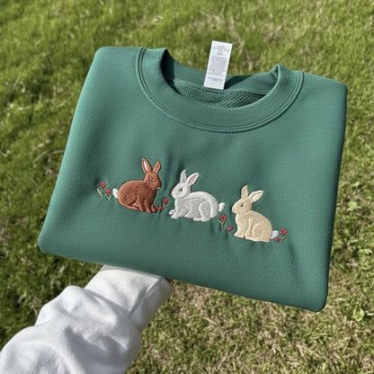 Embroidered Bunnies Sweatshirt - Cute Crewneck Gift