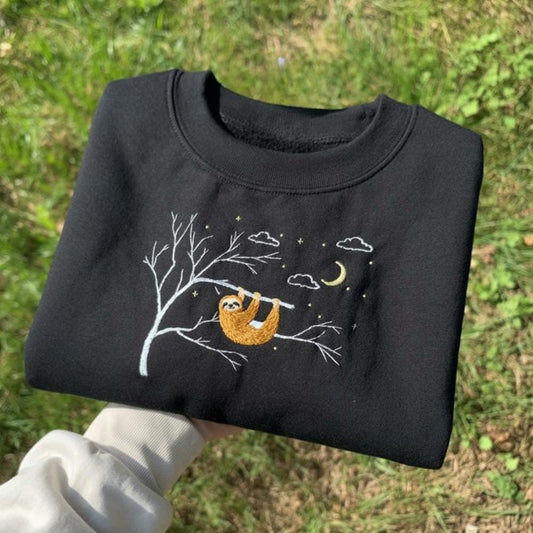 Sloth Embroidered Sweatshirt: Moon & Stars Crewneck