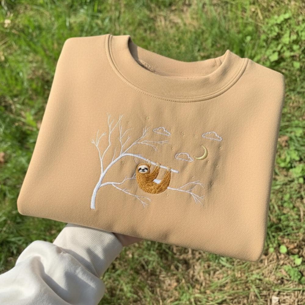 Sloth Embroidered Sweatshirt: Moon & Stars Crewneck