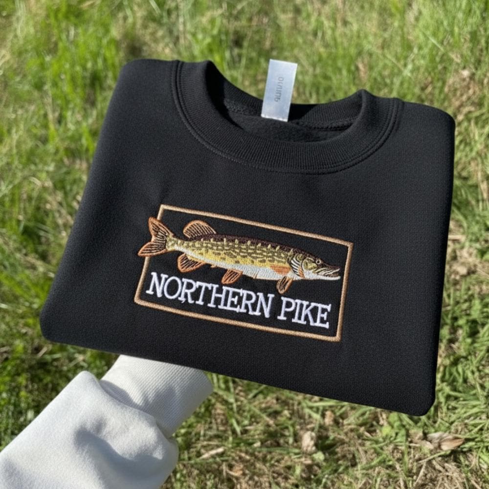 Northern Pike Embroidered Sweatshirt Fishing Crewneck Lake Fish Gift for Fishermen
