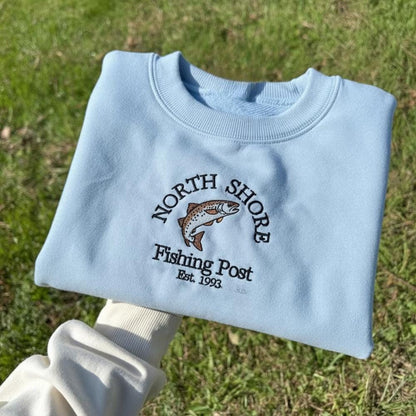 North Shores Fishing Post Embroidered Sweatshirt Coastal Fishing Crewneck Lake & Ocean Fisherman Gift
