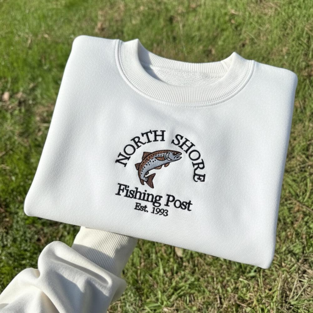 North Shores Fishing Post Embroidered Sweatshirt Coastal Fishing Crewneck Lake & Ocean Fisherman Gift