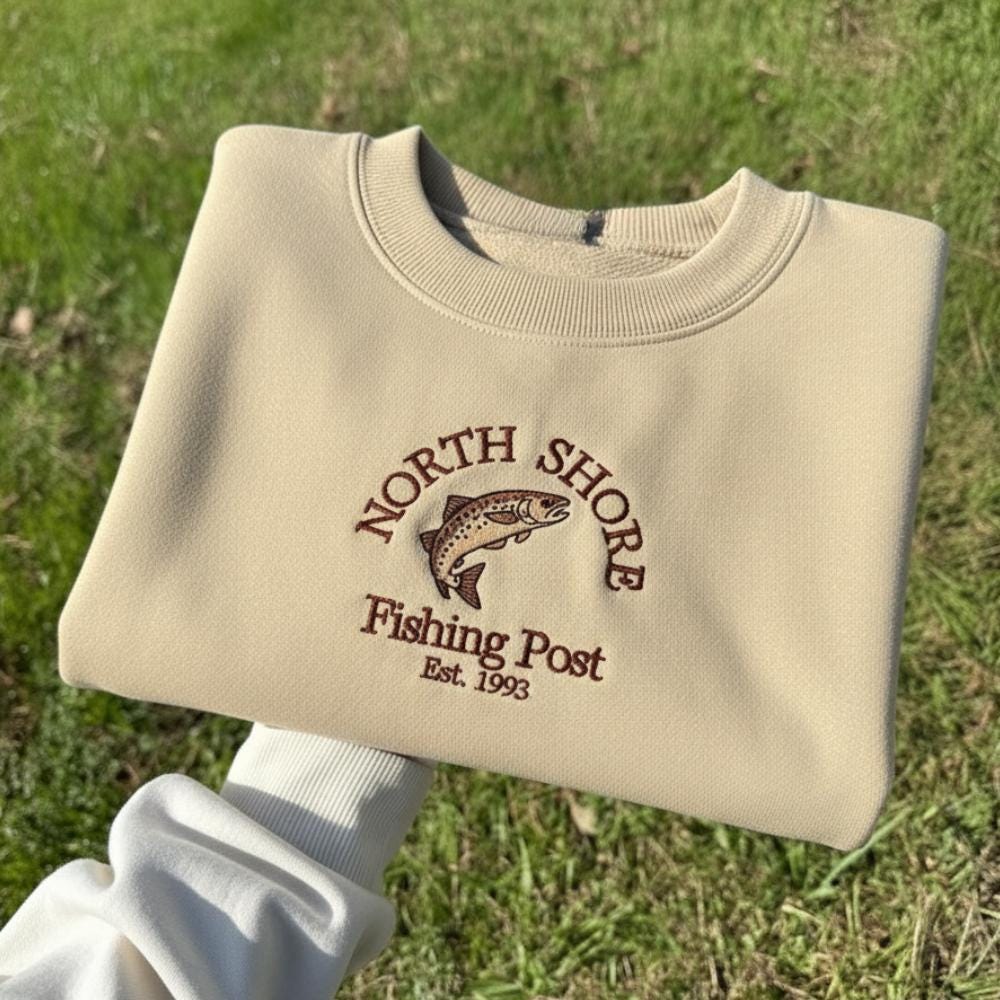 North Shores Fishing Post Embroidered Sweatshirt Coastal Fishing Crewneck Lake & Ocean Fisherman Gift