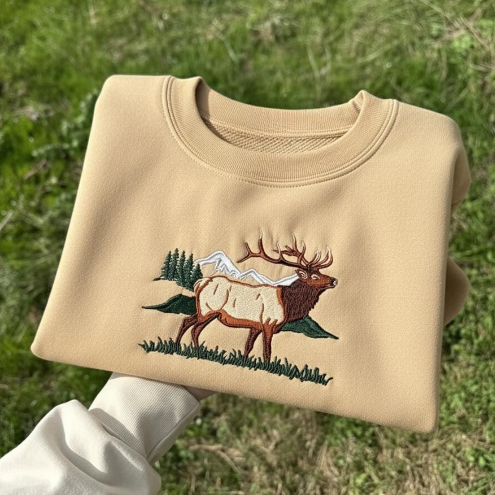 Sunrise Elk Embroidered Sweatshirt Mountain Wildlife Crewneck Outdoor Nature Lover Gift