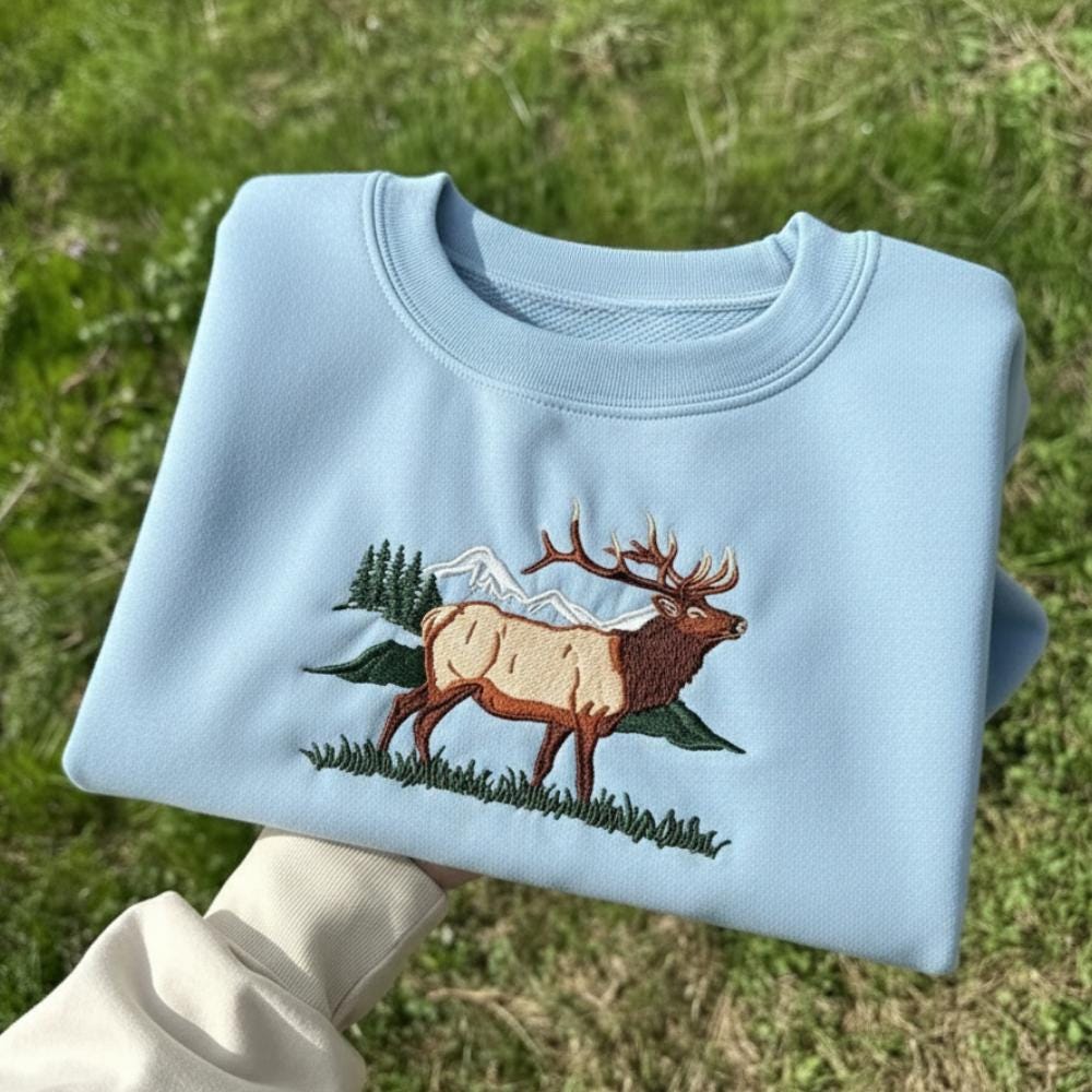 Sunrise Elk Embroidered Sweatshirt Mountain Wildlife Crewneck Outdoor Nature Lover Gift