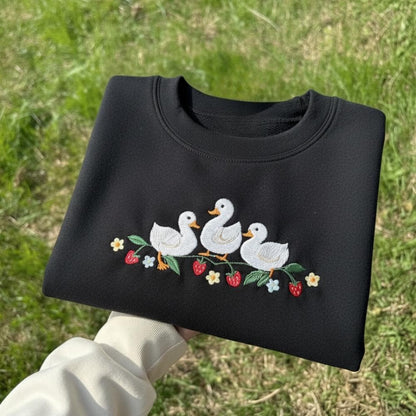 Embroidered Strawberry Duck Sweatshirt: Kawaii Animal Crewneck
