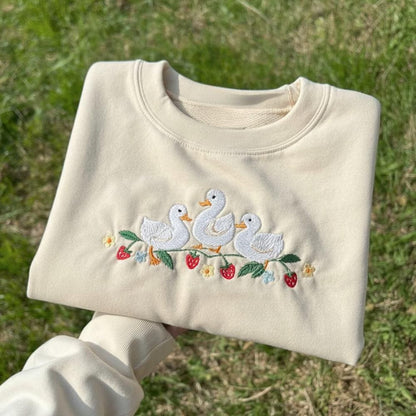 Embroidered Strawberry Duck Sweatshirt: Kawaii Animal Crewneck