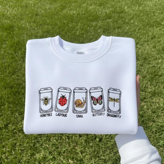 Jar Bugs Embroidered Sweatshirt Cottagecore Insect Crewneck Honeybee Ladybug Snail Butterfly Dragonfly Gift