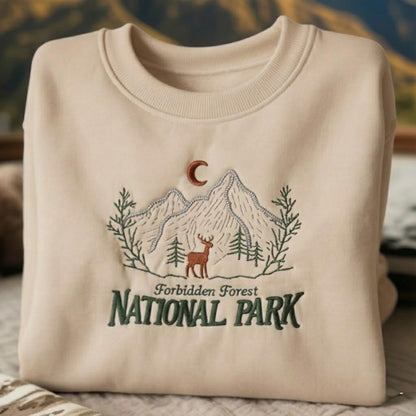 Embroidered Forbidden Forest National Park Sweatshirt, Magic Wizard Crewneck, Bookish Hiking Shirt, Stag Deer Top, Fantasy Gift