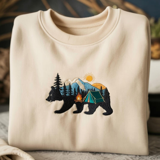 Embroidered Bear Nature Sweatshirt, Camping Landscape Crewneck, Hiking Mountain Shirt, Outdoor Adventure Tee, Gift for Camper