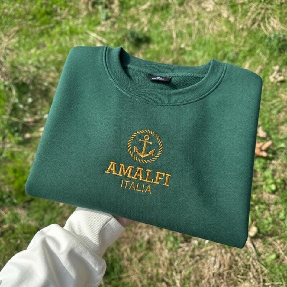 Amalfi Italia Embroidered Sweatshirt, Italy Lover Gift, Amalfi Coast Travel Crewneck, Italian Souvenir Sweater