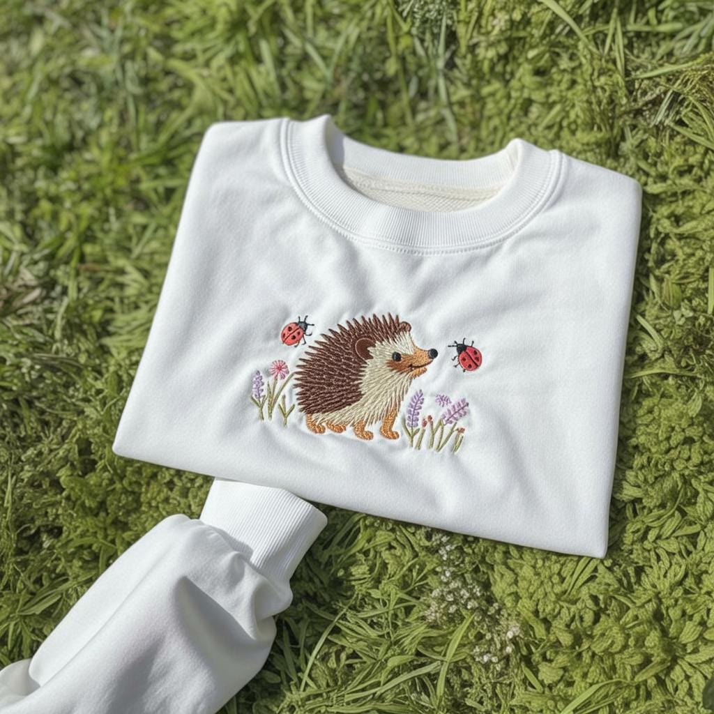 Embroidered Hedgehog Sweatshirt, Flowers Ladybugs, Woodland Animal Gift
