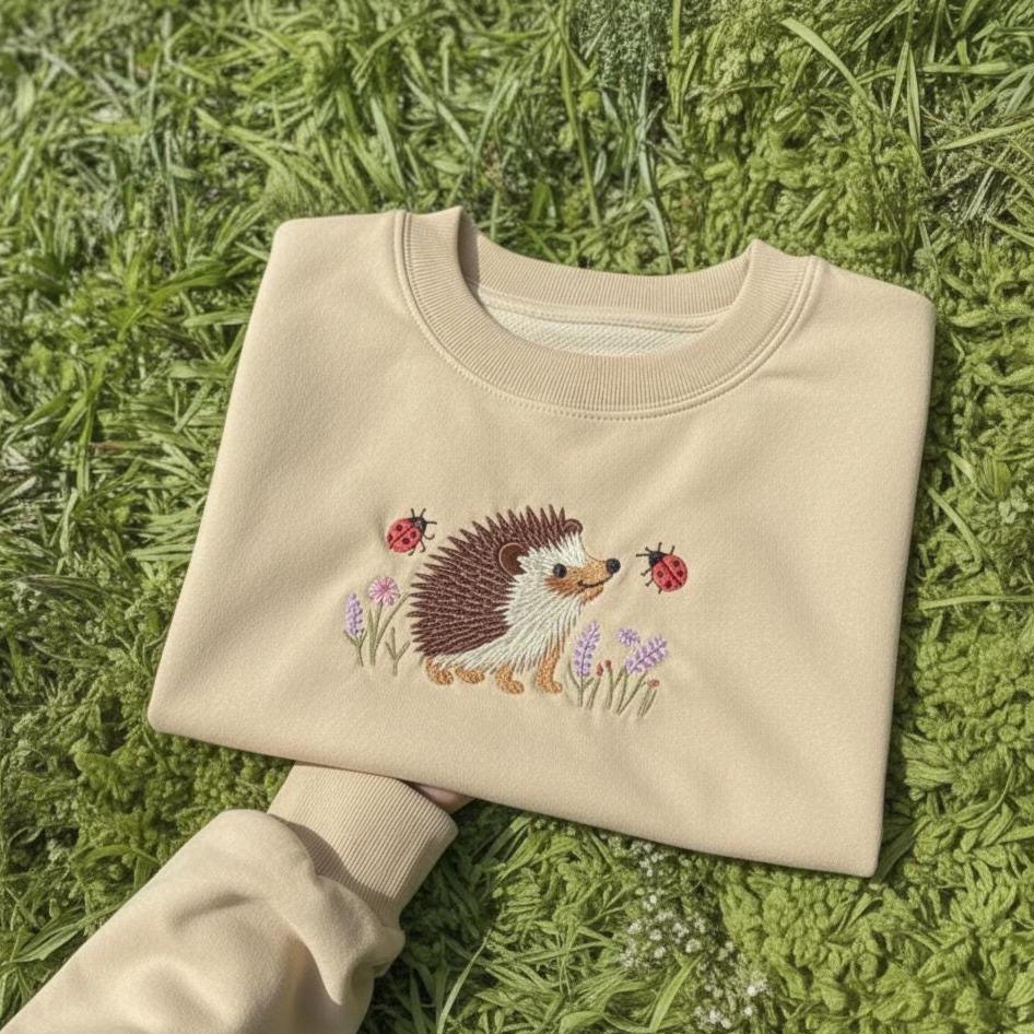 Embroidered Hedgehog Sweatshirt, Flowers Ladybugs, Woodland Animal Gift