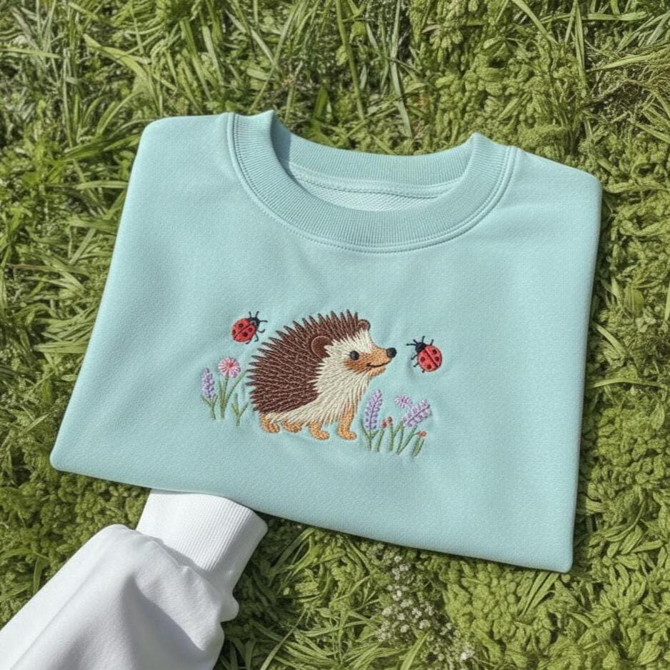 Embroidered Hedgehog Sweatshirt, Flowers Ladybugs, Woodland Animal Gift